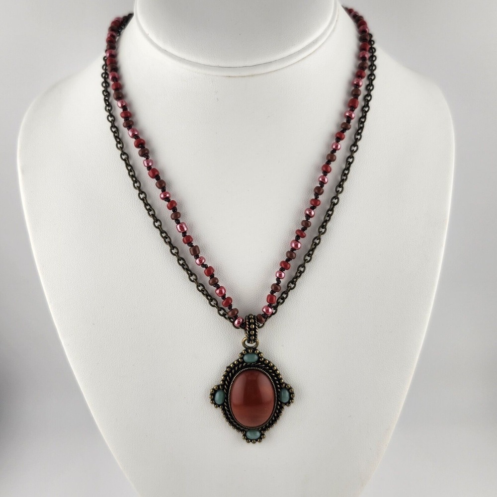 Nancy And Rise Bronze Tone And Red Double Strand Pendant‎ Necklace
